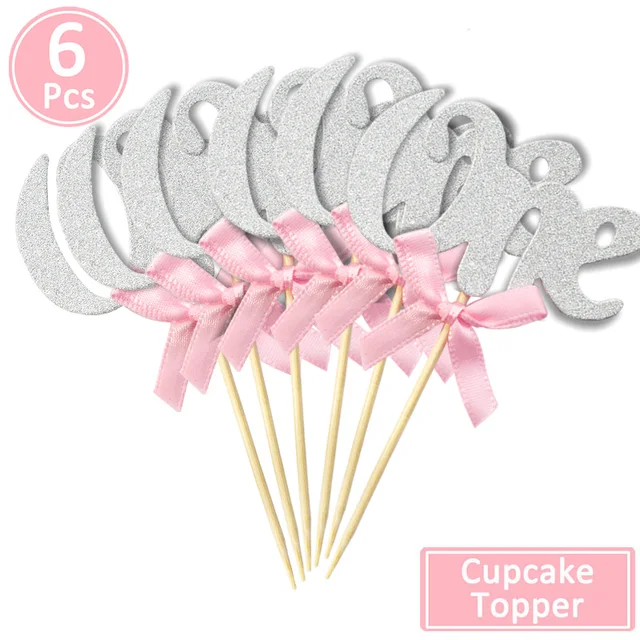 First Birthday One Cupcake Topper 1st Years Boy Girl DIY Party Decorations 1 Year Old Baby Birthday Decor Kids 6pcs silver pink on
