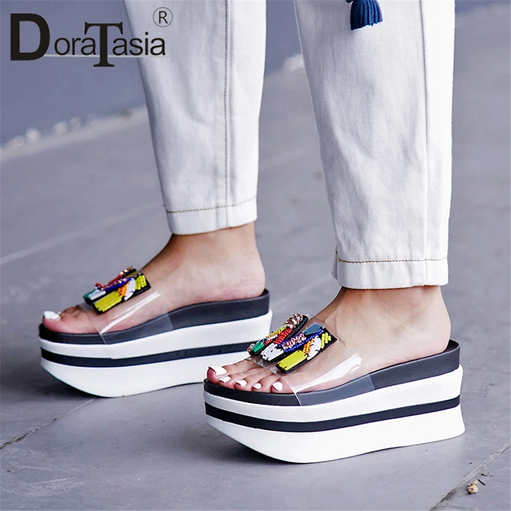 

DORATASIA 2019 New Summer Girl Thick Platform Slides Women 2019 Fashion Transparent PVC Slippers Casual Women Wedges Shoes Woman