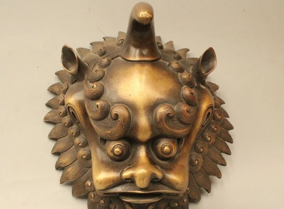 

6" Chinese Fengshui Folk Bronze Pixiu Beast Unicorn Kylin Lion Head Statue sculp