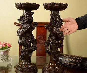

China Bronze Copper Dragon Hold Bead Oil lamps Candlestick Candler Statue Pair