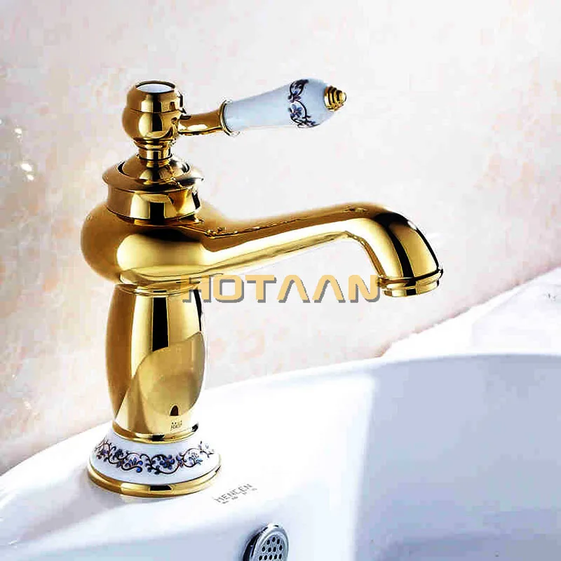 Kaufen Luxus Becken Wasserhahn Moderne Wasserhahn Bad Wasserhahn Gold Finish Hot   Cold Messing Becken Waschbecken Wasserhahn Einzigen Griff mit Keramik wasserhähne