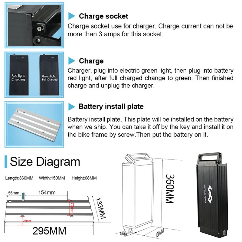 Top Rear Rack Ebike Battery 36V 20Ah 18Ah 10Ah + Charger 500W Electric Bicycle Bafang Batteries for BBS02 BBS01 500W 350W 250W Motor 5