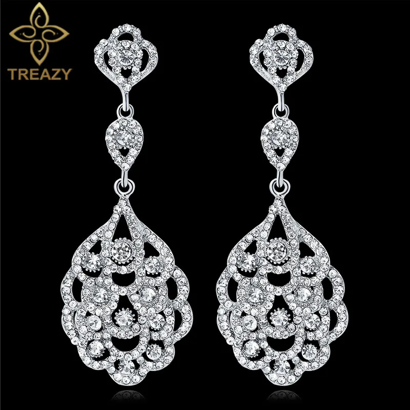 

TREAZY Silver Color Crystal Long Wedding Earrings for Women Rhinestones Big Bride Drop Earrings Fashion Jewelry
