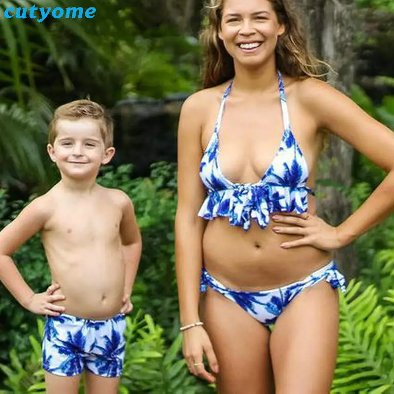 Mother Daughter Father Son Swimsuits Blue Family Look Mom And Daugher Daddy...