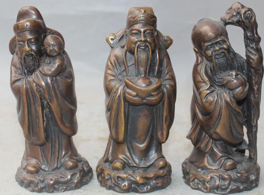 

6710541++6"Chinese Feng Shui Bronze Fu Lu Shou 3 Immortal God Ruyi Set Kid YuanBao Statue