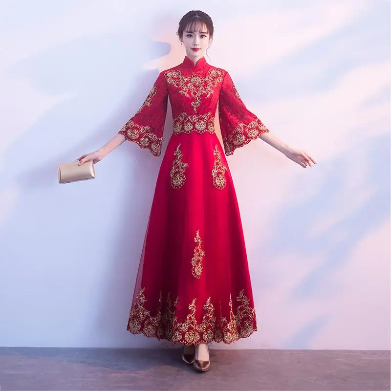 Новое поступление женское красное кружево Qipao классическое свадебное платье подружки невесты винтажные улучшенные атласные длинные платья тост одежда - Цвет: Burgundy 5