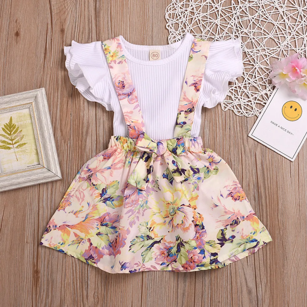 

MUQGEW Hot Summer 2PCS Suits Toddler Baby Girl Clothes Pure Cotton Floral Ruffled Soild T-Shirt+Suspender Skirt Toddler Outfits