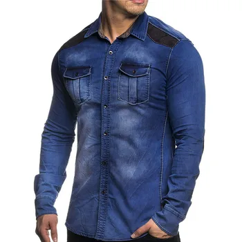 

2018 British Style Long-Sleeved Denim Shirt Men Patchwork Cotton Washed Denim shirts Plus Size 3XL Slim Fitness Business Shirt