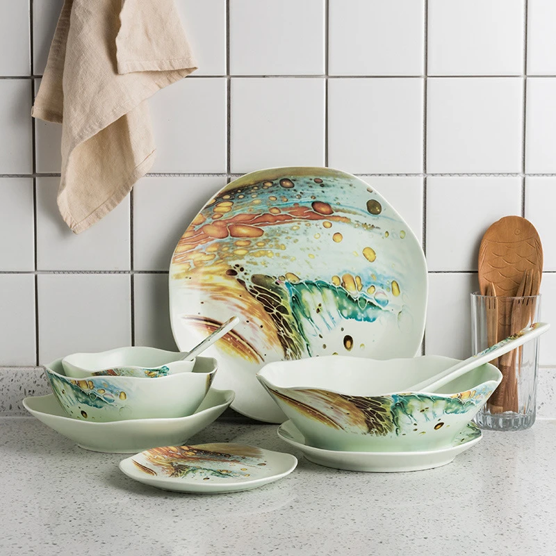 

Ceramic Plate Rice Bowl Soup Spoon Noodel Container Marine Style Dinnerware Set Irregular Food Serving Bowl Dish Spoon Set 1pcs