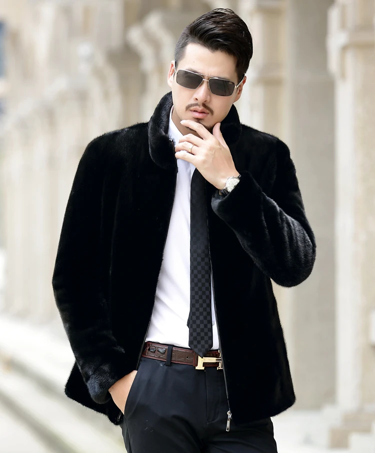 AYUNSUE, Мужская норковая шуба, зимняя куртка, бархат, натуральный мех, мужская шуба из натурального меха, роскошная куртка размера плюс, мужская куртка QTAN061F KJ837 - Цвет: Black-stand collar
