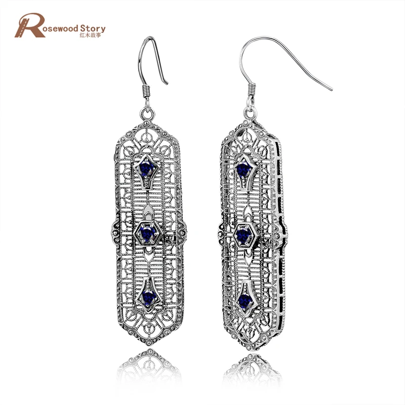 

Vintage Style Real 925 Silver Earrings Blue CZ Rhinestone For Women Crystal Earings Fashion Jewelry Brincos De Festa Compridos
