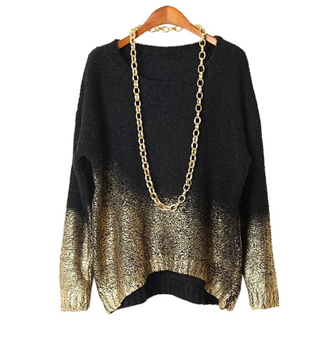 Oversized Sweater New Fashion O-neck Tops European Gilt Bat Long Sleeve Gold Gradient Hem Sweater Pullover