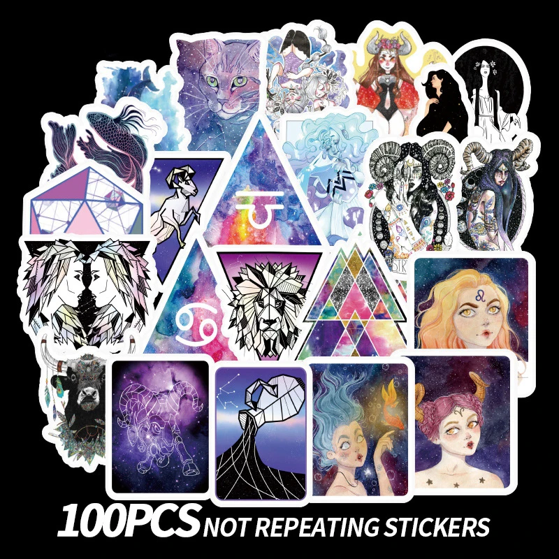 Hot 100pcs Vast Galaxy 12 Constellation Waterproof Stickers Laptop Skateboard Motorcycle Anime  Cartoon  Children  Star  Sticker