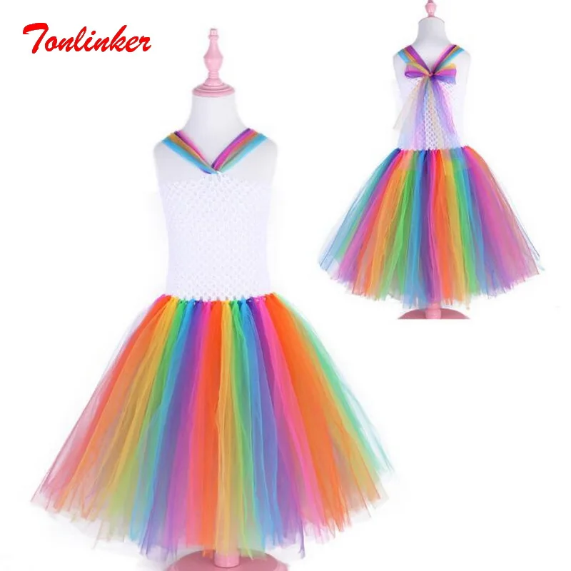 

2019 New Seven Colors Rainbow Tutu Dance Dress Princess Flower Girl Party Dress Kids Halloween Costume Vestido