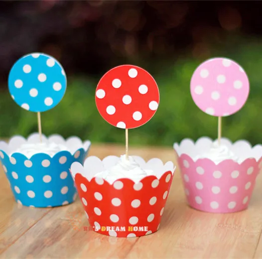 

24 pcs polka dot 3 color to choose cupcake wrappers&toppers picks kids birthday party supplies AW-0056