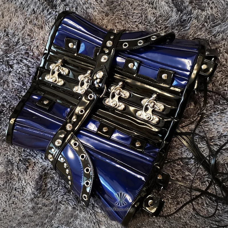 2019 Annzley Corset Steel Boned Blue Leather Underbust Corset With Horn Lock And Detachable Belt (4)