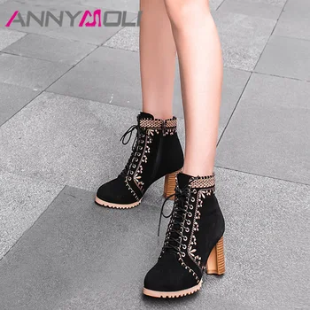 

ANNYMOLI Fall Ankle Boots Women Cow Suede Zipper Square High Heel Short Boots Embroider Round Toe Shoes Ladies Winter Size 33-43