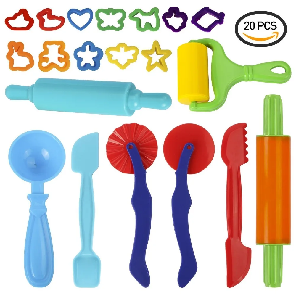 Ensemble d'outils de pâte, assortiment de 20 pièces Kit d'outils en argile colorée de grande taille avec rouleau, rouleau à pâtisserie, Cutter et moule, pour enfants