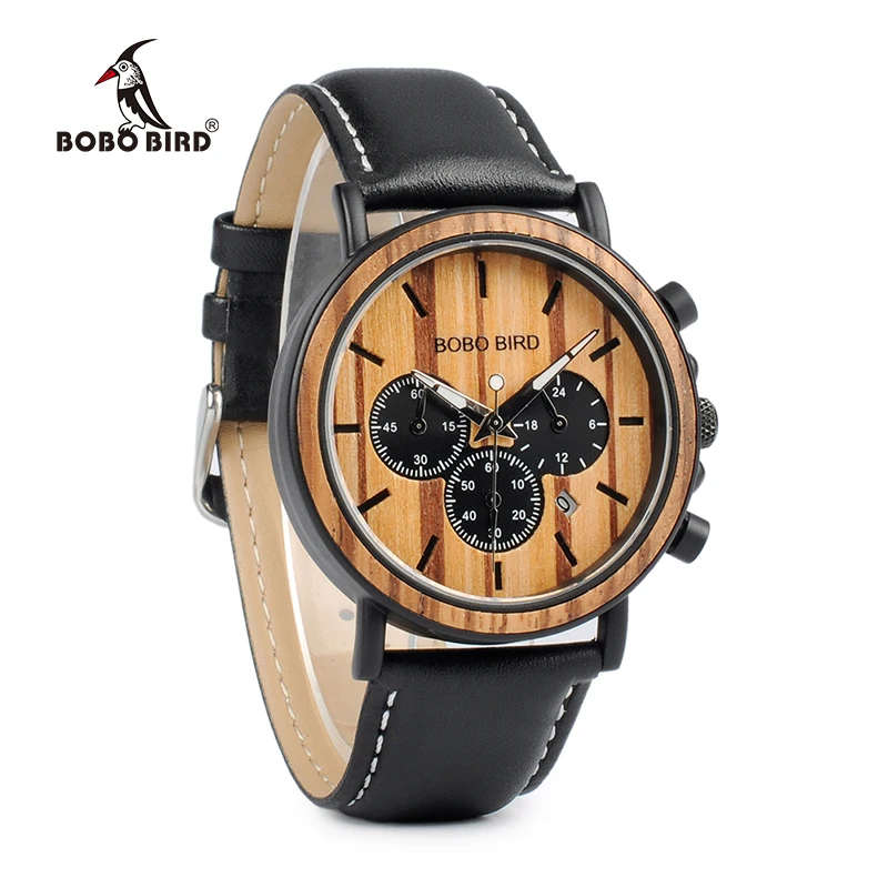 BOBO BIRD Stopwatch Bamboo Wooden Watches Men Wrist Watch Quartz Clock Gift in Wood Box Saat erkek in Wood Box Customize Logo