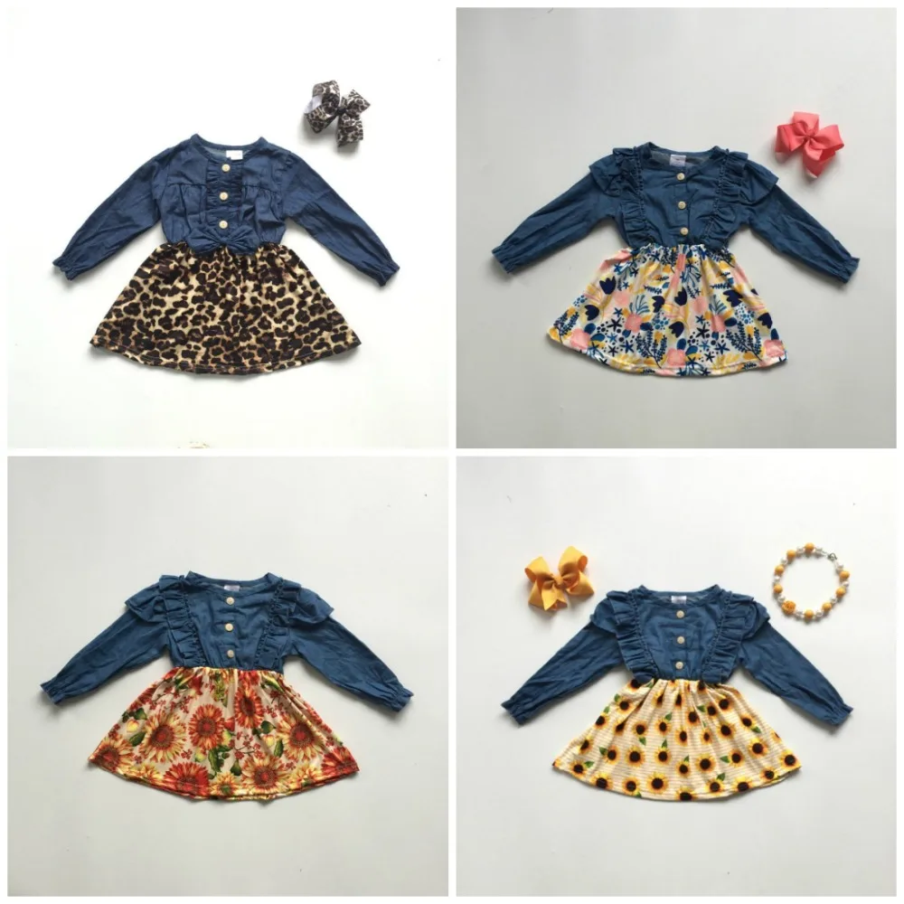 Осенне-зимняя детская одежда для маленьких девочек; хлопковое джинсовое платье с оборками и леопардовым принтом в виде подсолнухов; изысканное платье до колена с длинными рукавами и бантом