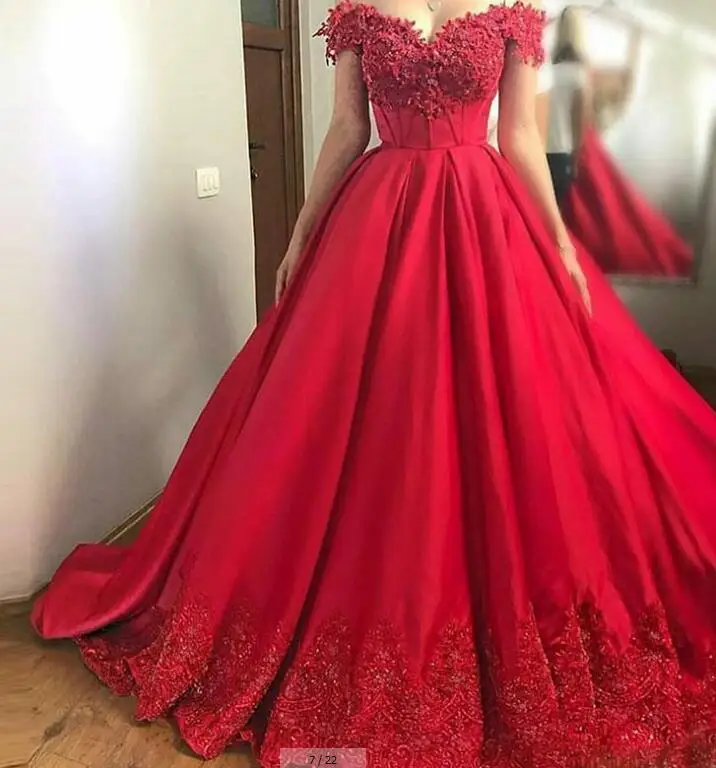 Бальное платье с высокой талией, платья для выпускного вечера, атласные платья с открытыми плечами, с цветочной аппликацией, бисером, блестками, шлейфом, вечерние платья на шнуровке сзади - Цвет: Красный