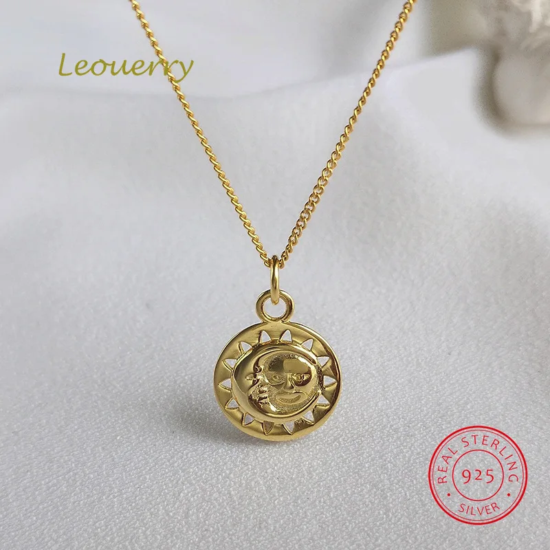 

Leouerry Sun and Moon Pendant Necklace 925 Sterling Silver Gold Coin Choker Necklace for Women Vintage Jewelry Gift