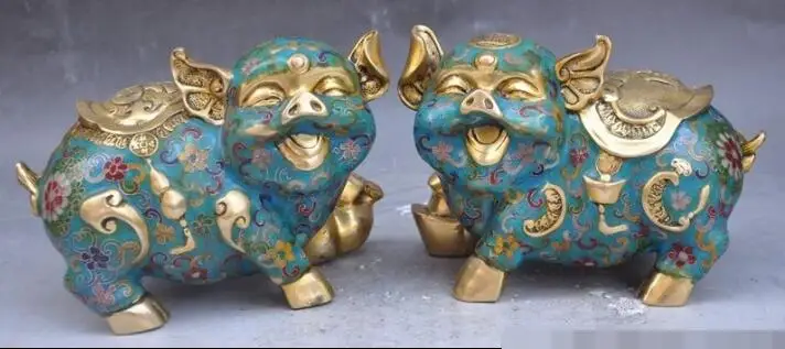 

S01278 8"chinese bronze Cloisonne Enamel wealth gourd yuanbao happy pig lucky statue B0403