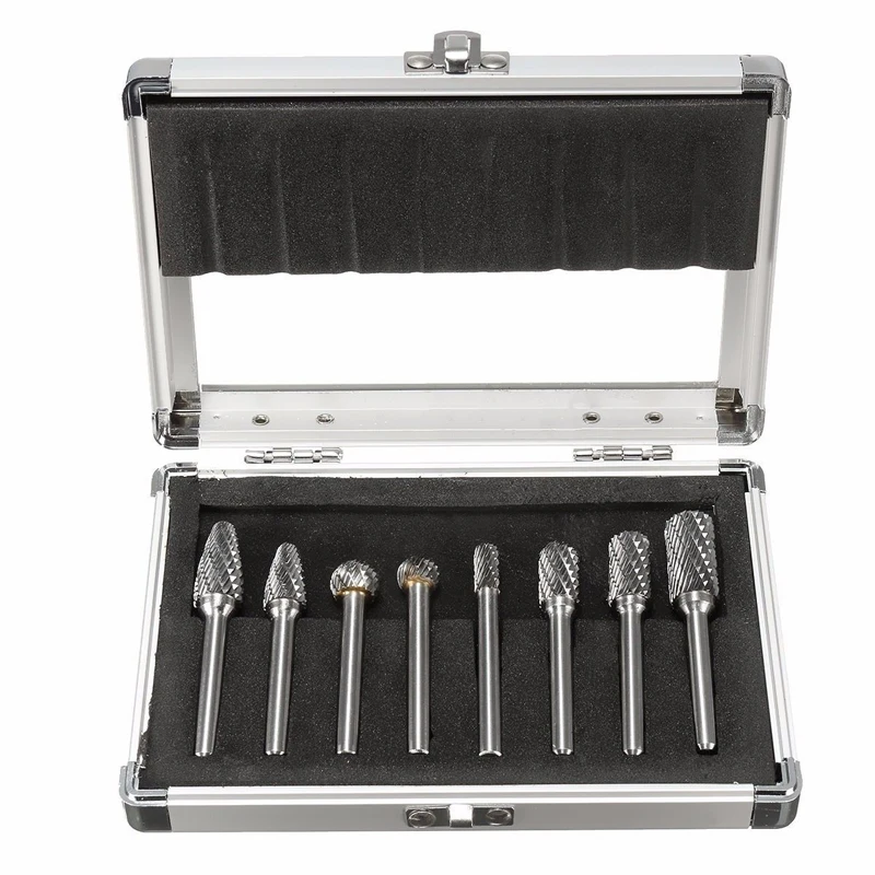 8PCS x 1/4'' Shank Double Cut Carbide Burr Die Grinding Rotary Bit Set W/Case