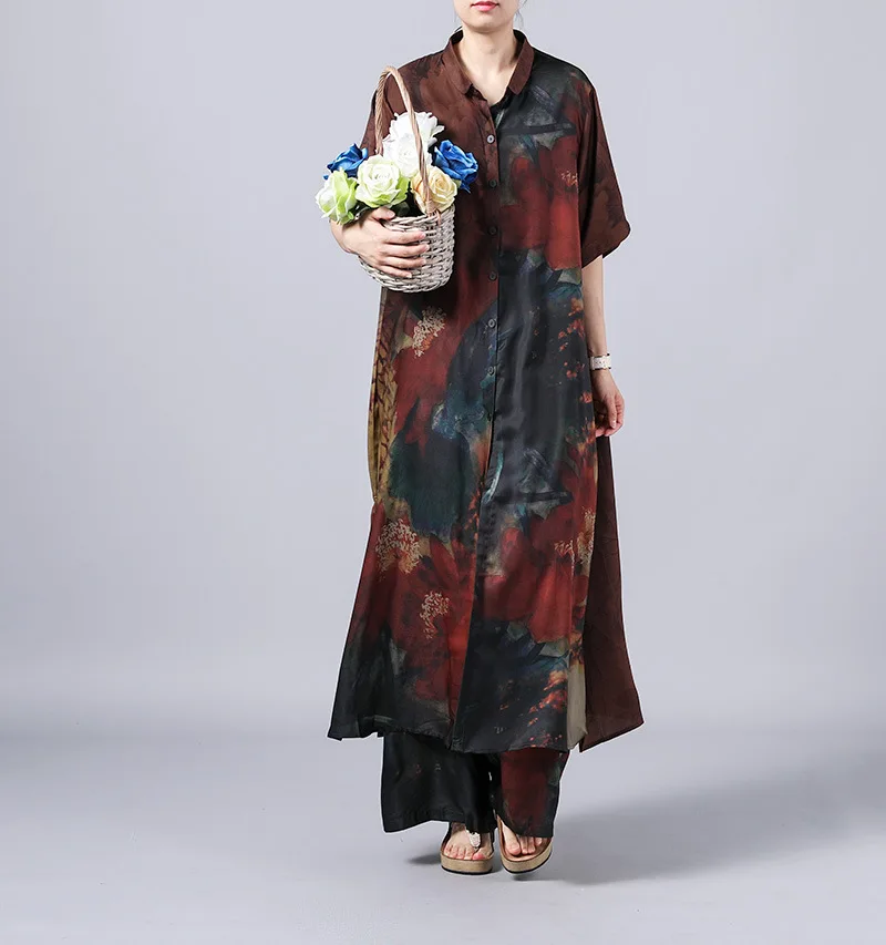 

Printed Cardigan Shirt Dress + Wide Leg Pants Outfits Women Two Piece Sets 2019 Summer Vintage Plus Size Set for Muslim Ladies