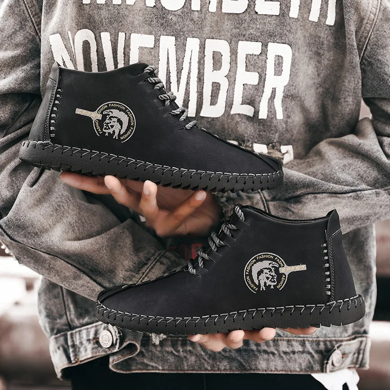 

Winter Men Luxury Brand Casual Leather Shoes Quality Split Leather Flat Slip-On Shoes Men Rubber Footwear Waterproof Big Size