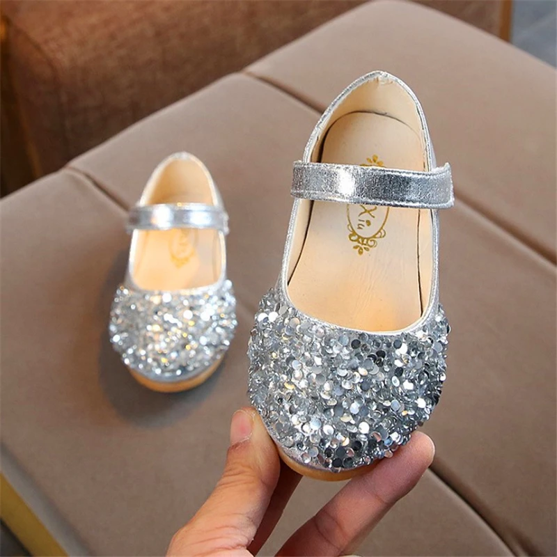 New Fashion Princess Shoes Pink Gold Silver Girls Shoes Glitter Rhinestone Sequins Kids Flats Children Wedding Party Dress