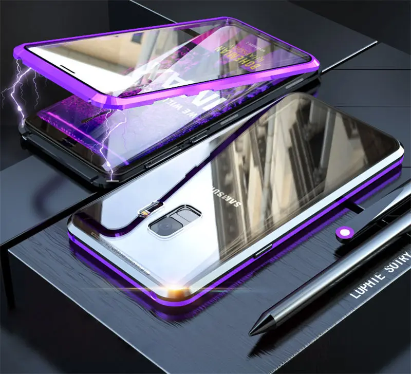 Переднее и заднее стекло 360 полный корпус Магнитный чехол для samsung Galaxy S9 Plus Note 9 S9Plus Note9 роскошный магнит 360 металлический чехол s - Цвет: Black Purple
