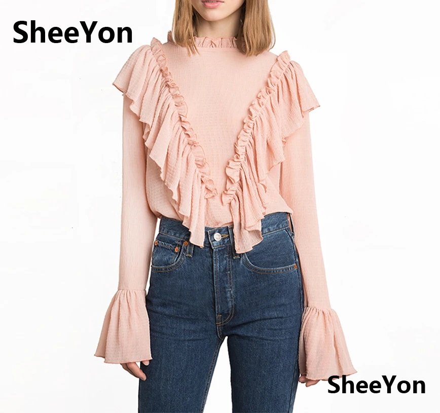 Shirts Flare long Sleeves 2017 Spring Autumn new Chiffon Ruffles shirt female loose sweet Blouses Ladies SY15SXF80 |