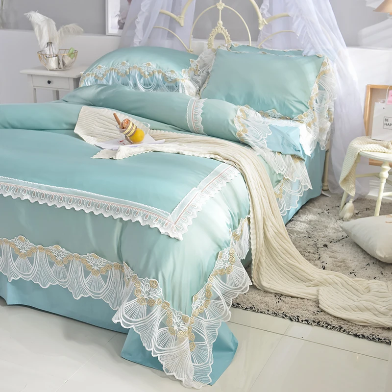 Waliicorners Super soft washed silk Bedding Set Duvet Cover Sheet/fitted sheet Pillowcase King Queen Size lace Bed Linen 36 DSC_1077