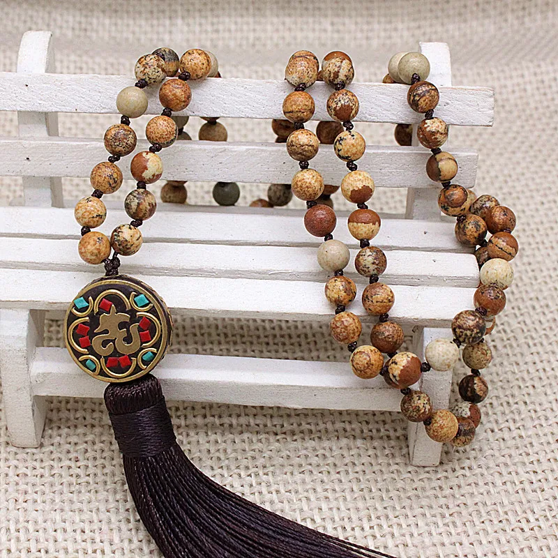 

WEIYU Natural Onyx Stone Beads Necklace with Tassel Mala Necklace Boho String Knotted Women Nepal Beads Long Necklace