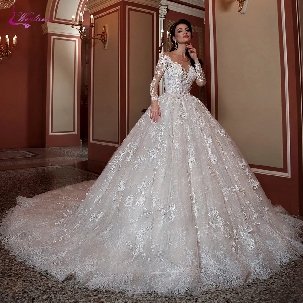 

Waulizane Lace Wedding Dress Ball Gown 2019 Chapel Train With 3d Flowers