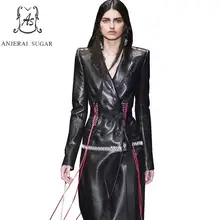 Autumn sheepskin genuine leather jacket women customization bandage Double-breasted female long windbreaker real leather coat