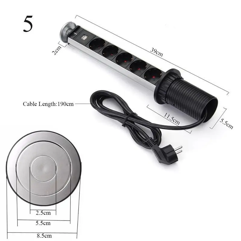 Новое предложение, партиями по 3/4/5 мощность Разъем EU Plug скрытая кухня Таблица Pop Up электрической розетки 1 светодиод+ 2 Зарядка USB Алюминий Полка Серебряный/черный колпачок