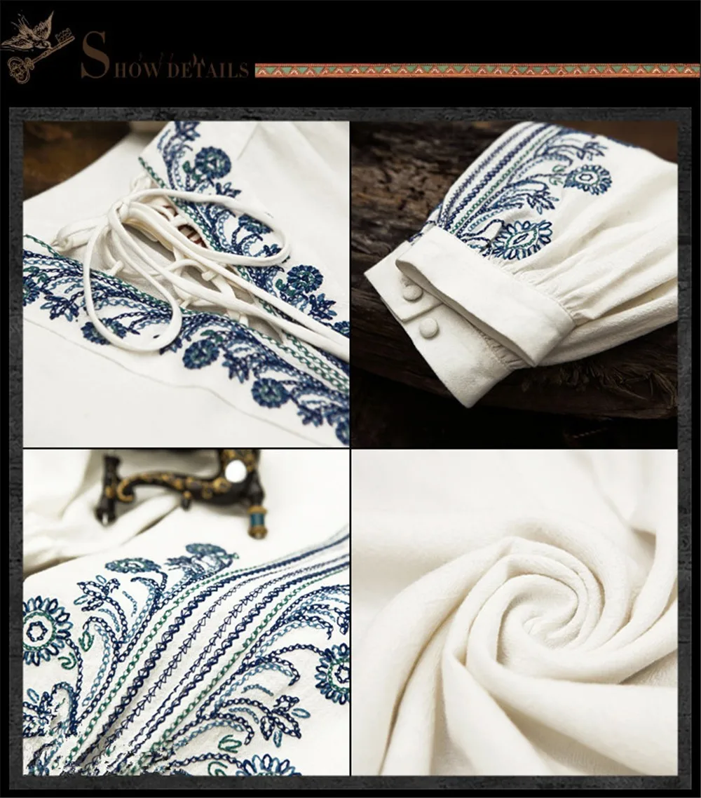 Vintage Private Tailor Women Blouse Women's Cotton Linen Ethnic Long Sleeve Shirt V-Neck Loose Blusa Feminina Classical Blouse (12)