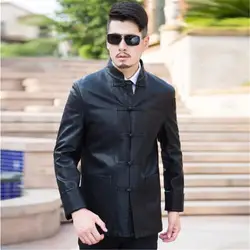 2018 брендовая одежда традиционный Китай Мужская куртка из искусственной кожи Весна Slim Fit черные мужские кожаные пальто и пуговицы