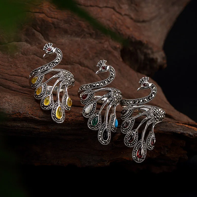 

Personality Exquisite Real 925 Sterling Silver Jewelry Peacock Wear Peony Accessories natural jade stone garnet Female Rings