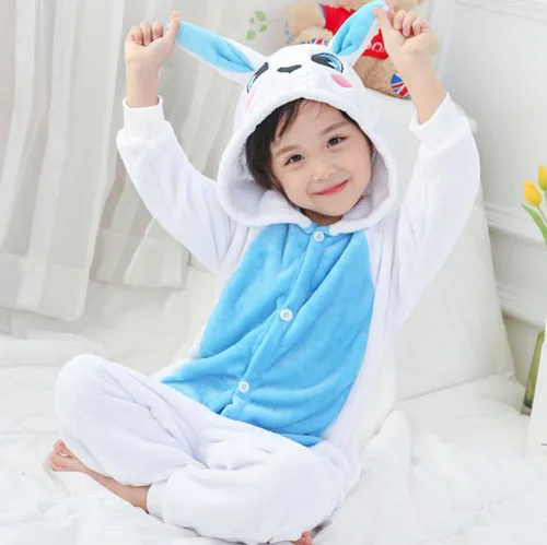 Onesie/Детские пижамы кигуруми с единорогом; Пижама с рисунком панды, единорога, стежка; Фланелевая Пижама для мальчиков и девочек; забавные пижамы с капюшоном для косплея - Цвет: Blue Rabbit