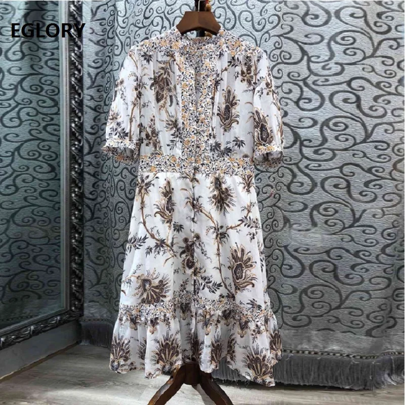 

Top Quality Cotton Dress 2019 Summer Style Women Vintage Print Tunic Buttons Half Sleeve Knee-Length Casual Party Vintage Dress