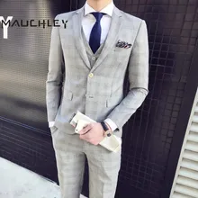Mens Suits With Pants Latest Coat Pant Designs Plaid Suits Slim Fit Wedding Prom Suits 3 Piece ( Blazer + Vest + Pants ) 2018