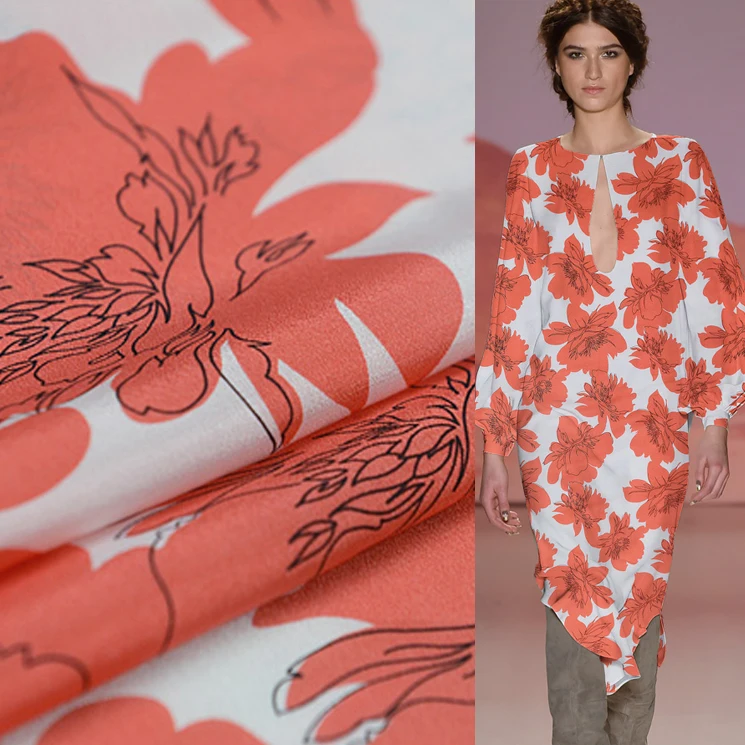 Big Flower Print 100 Silk Crepe DE Chine Silk Fabric 14momme 114cm