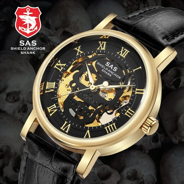 SAS Shield Anchor Shark Vintage Watch Mechanical Skull Skeleton Steampunk Watch Men Fashion Design Leather Wristwatch Mens Watch
