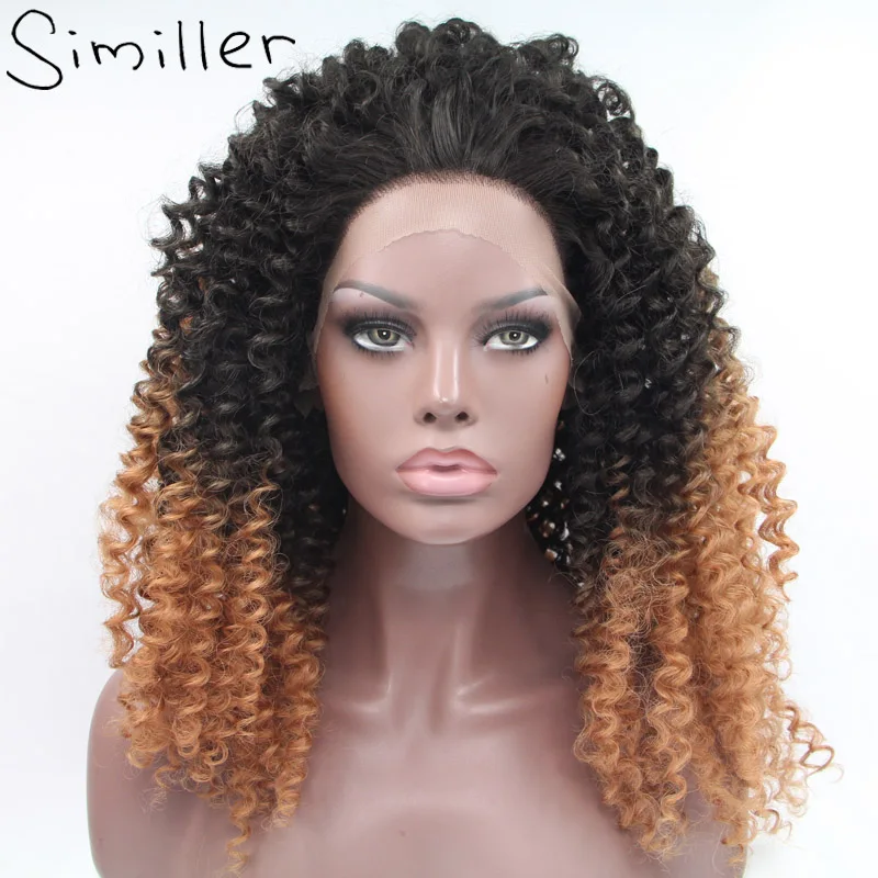 Similler Afro Kinky Curly Long Fluffy Big Heat Resistant Synthetic Lace Front Wigs Black Root Brown 2 Tones Color For Women