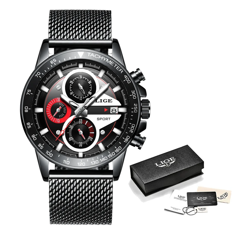 

2019New LIGE Mens Watches Top Brand Luxury Fashion Analog Quartz Watch Men Business Casual Full Steel Waterproof Chronograph+Box