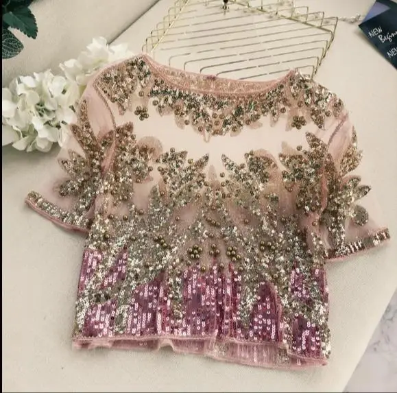 

2019 Gauze Sequined Patchwork Women Tops O-Neck Short Sleeve Bling Beading Blouse New Summer See-through Blusas LJ828