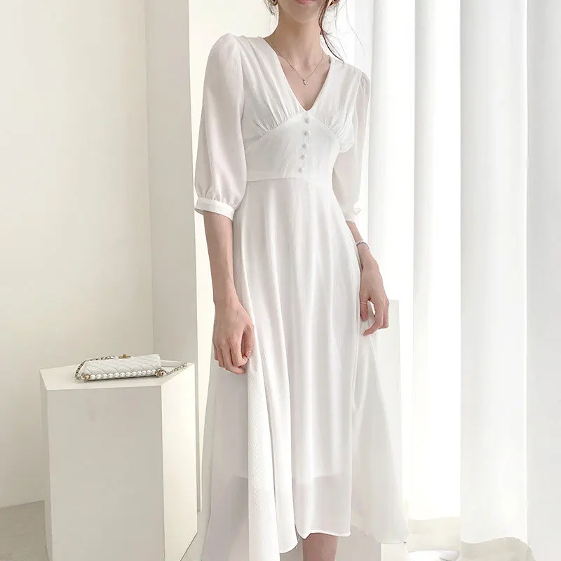 

HziriP Summer Chiffon Slender Elegant Chic Fresh Loose 2019 V-Neck Gentle Purity Casual Short Sleeves Solid Women Long Dresses